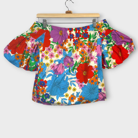 H&M Floral Print Womans Top Bright Flowers Garden Puff Sleeve 100% Cotton SZ 4 - Picture 4 of 12